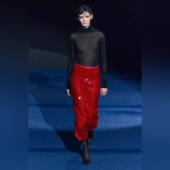 ZARA ZW COLLECTION RED SEQUIN SKIRT - Picture 4 of 16